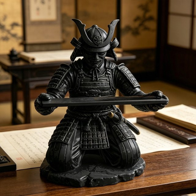 Samurai-Stifthalter in Schwarz und Kupfer als 3D-gedruckter japanischer Soldat für deinen Schreibtisch-Organizer und die Bürodekoration - Bild 1