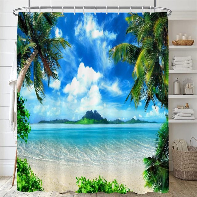 Wasserfester Duschvorhang mit 3D Strand Landschaft Design von Baifenbai Home Furnishing in Blau, B/H: 180 x 210 cm - Bild 1