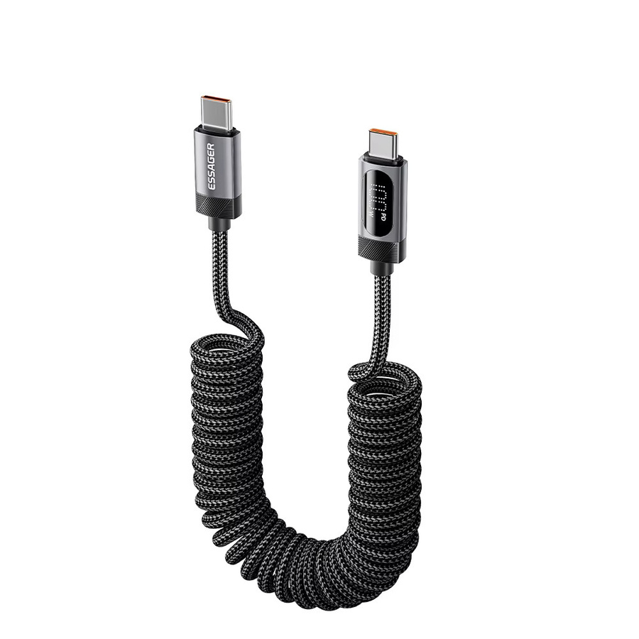 Essager Typ-C-zu-Typ-C-Schnellladekabel mit LED-Display, PD 100W, spiralförmiges Datenkabel für Xiaomi und Samsung, Schwarz oder Grau - Bild 7