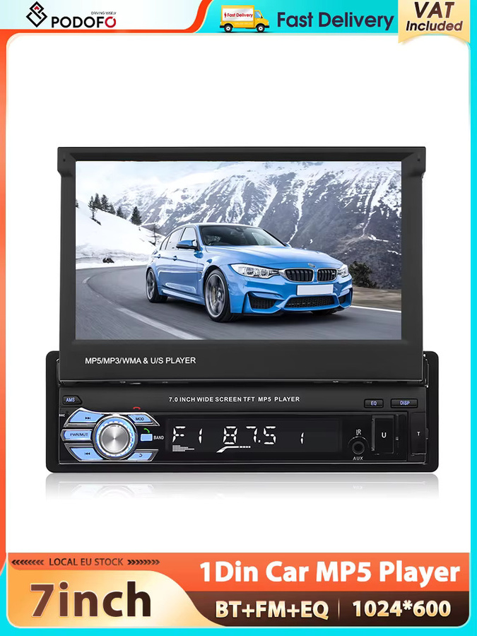 Podofo 1Din Autoradio mit 7 Zoll HD ausziehbarem Touchscreen, Mirror Link, Bluetooth, Multimedia-Player, MP5, USB, AUX und FM in Schwarz - Bild 6