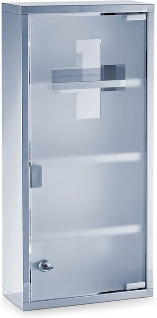 HTI-Living Medizinschrank aus Edelstahl und Glas in Silber mit Glastüren, Regalen und Schloss - Bild 1