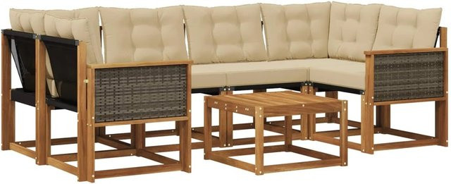 vidaXL Outdoor-Sofagarnitur L-Form aus Akazienholz mit 7 Textilene-Kissen in Natur und Beige - Bild 1