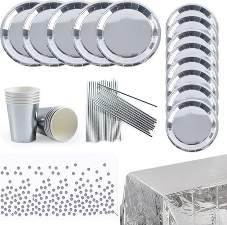WEIGAO Einweggeschirr-Set in Silber für Geburtstag, Hochzeit oder Babyparty bestehend aus Papptellern, Tassen und Tischdecke