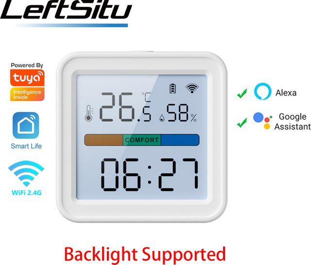 Tuya Smart Home WIFI Temperatur und Feuchtigkeit Sensor Hygrometer Thermometer mit Hintergrundbeleuchtung in Weiß, kompatibel mit Alexa und Google Assistent - Bild 1