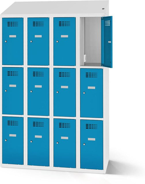 rotstahl Fächerschrank mit Ladefunktion und 12 Fächern in Blau mit lichtgrauem Korpus, B: 120 cm, H: 200 cm - Bild 1