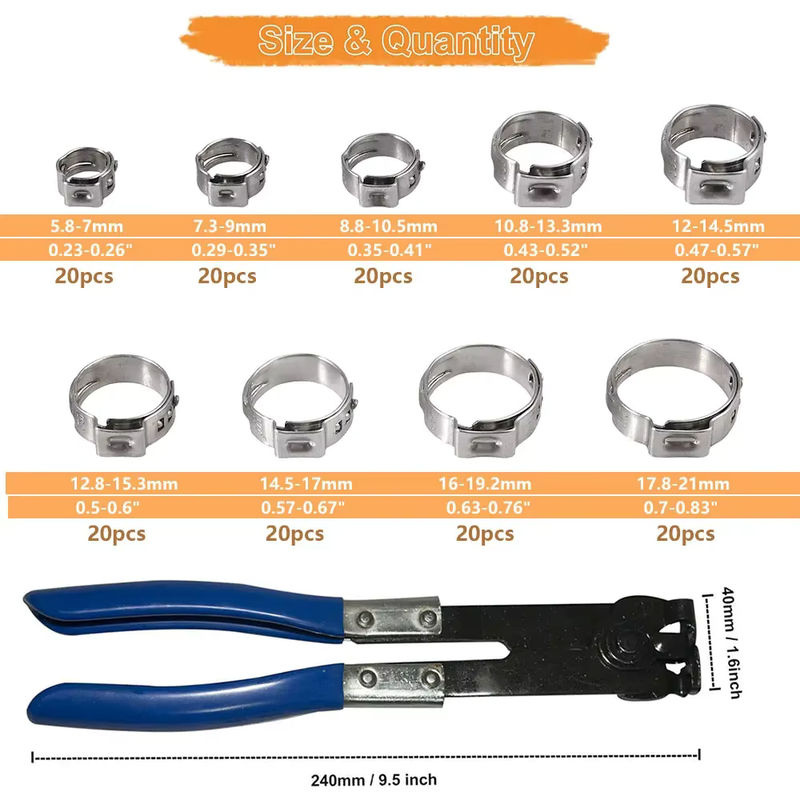 JH ZPXH Einohr-Schlauchschellen Set aus 304 Edelstahl in Silber, 180 Stück mit Crimper-Werkzeug, Durchmesser: 5,8–21 mm - Bild 2