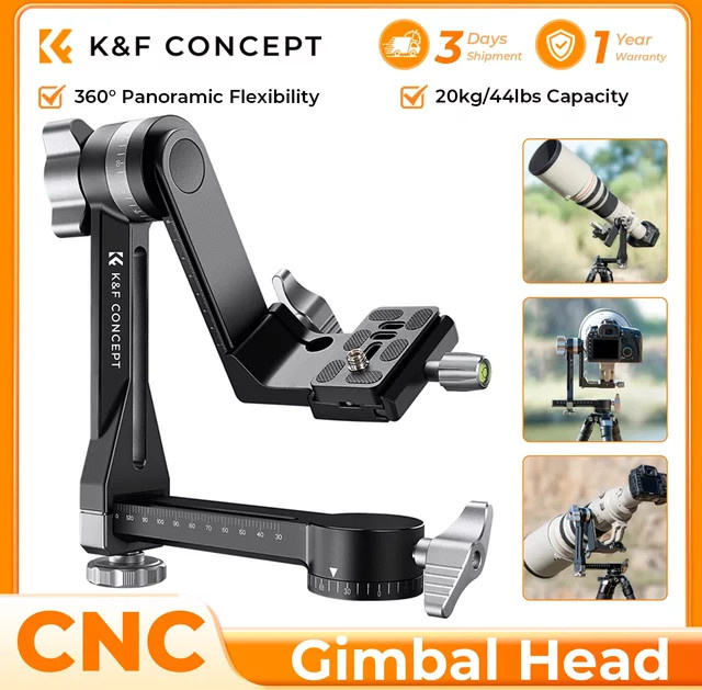 K&F CONCEPT Stativ Gimbal Kopf aus CNC Aluminium Legierung in Schwarz mit 360° Panorama Funktion und Arca-Kompatibilität für bis zu 20 kg Belastung - Bild 1