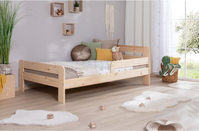TiCAA Kinderbett Bennet aus Kiefer Massivholz mit Rausfallschutz und Lattenrost, Einzelbett für Kinderzimmer, Farbe: Braun, B/T/H: 90 x 200 cm - Bild 1