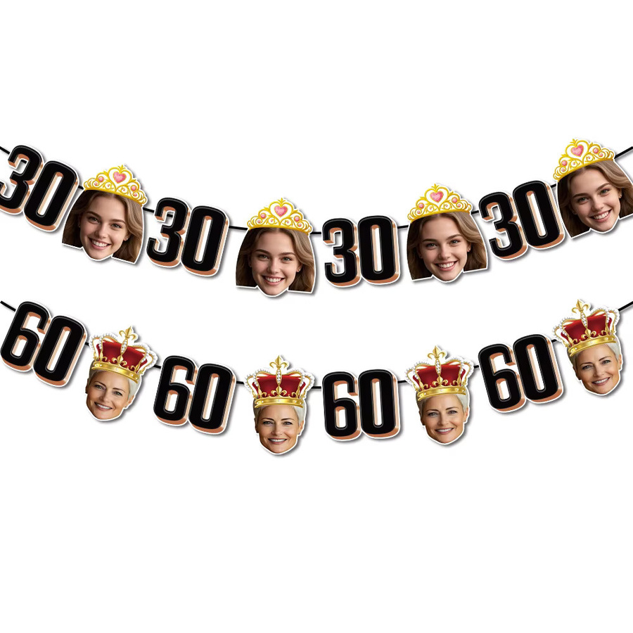 Personalisierte Geburtstagsparty-Dekoration mit Foto-Gesicht und Krone, bunte Papier-Hängegirlande als Banner für Erwachsene - Bild 1