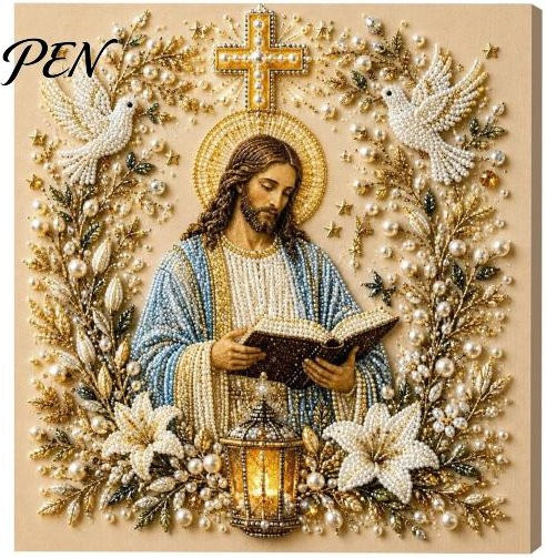 Chanyuejinming DIY Jesus Perlenkunst-Set Diamantmalerei für Erwachsene in Beige - Bild 1
