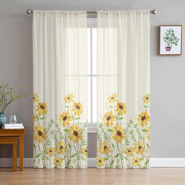 A Family Of Home Textiles Voile-Tüll-Vorhang mit gelben Gänseblümchen, transparent, Breite: 135 cm, Höhe: 137 cm - Bild 1