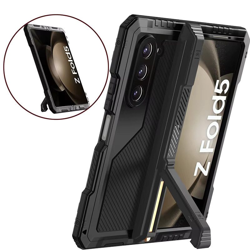 Super Armor Schutzhülle für Samsung Galaxy Z Fold 6 5 4 7 mit Klappständer aus Silikon und Aluminiumlegierung in Schwarz oder Rot - Bild 5