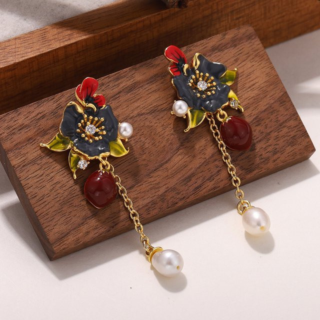 Kovonchy Ohrringe, Emaille-Blumen, Perle, roter Stein, Damen - Bild 1