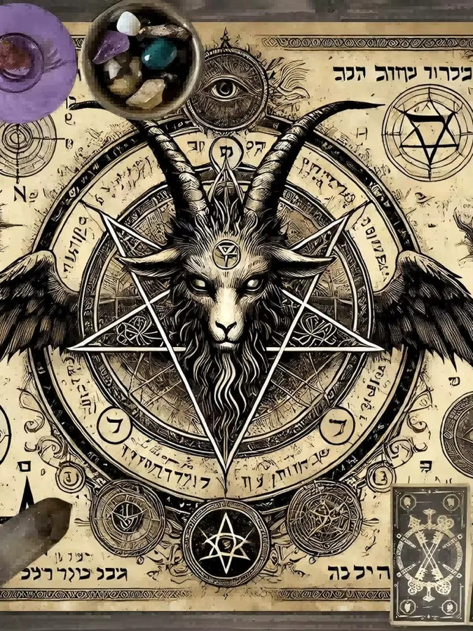VIKAMA Dark Ritual Tischdecke im Gothic-Stil mit Pentagramm, Ziege und hebräischen Runen für Altar und Wahrsagerei - Bild 3