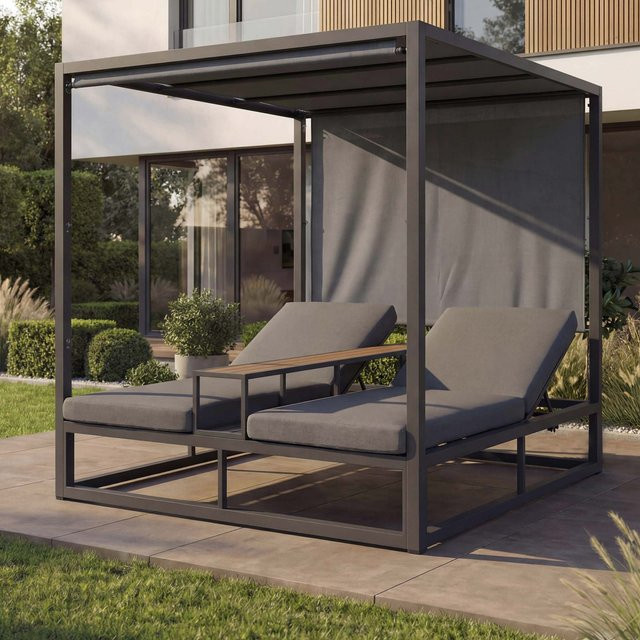 MCW Alu Lounge-Gartenliege P81 Daybed in Bali-Design, Dunkelgrau mit grauem Polster, B/T/H: 196 x 165 x 120 cm - Bild 1