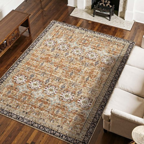 VEVOR Wohnzimmerteppich Vintage in Braungrün, waschbarer Kurzflor-Flächenteppich mit rutschfester Unterseite, B/T: 228,6 x 289,6 cm - Bild 1