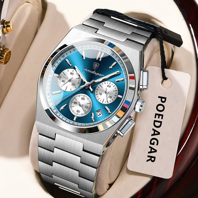 POEDAGAR Chronograph Armbanduhr, Quarz, Edelstahl, Blau, Herren - Bild 1