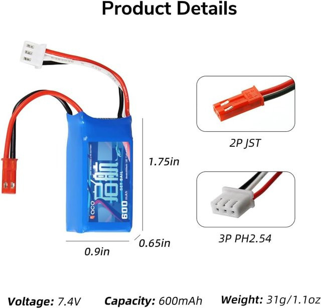 YUNIQUE EUROPE LiPo-Akku 7,4V 600mAh 15C 2S mit 2-Pin JST-Stecker in Blau - Bild 1