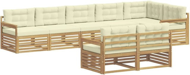 vidaXL Outdoor-Sofagarnitur in L-Form aus Akazienholz mit 8-teiligem Set in Weiß und Beige mit UV-beständigen Polyester-Kissen - Bild 1