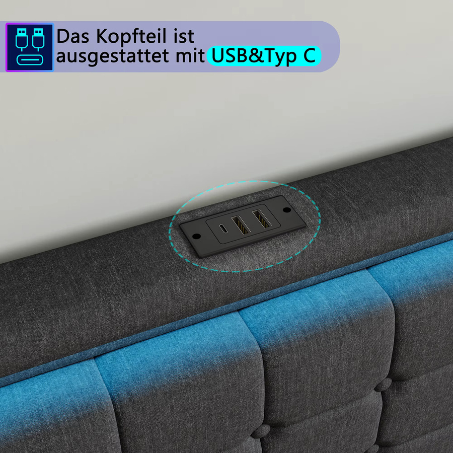Rosahqnda Modernes Doppelbett mit Schubladen, LED-Beleuchtung und USB-Anschluss, Massivmetall und Leinen, Dunkelgrau, 160 x 200 cm - Bild 3