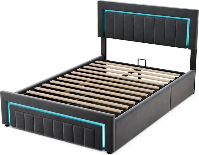 okwish Polsterbett mit LED-Beleuchtung und Schubladen in Grau, B/T/H: 140 x 200 x 107,5 cm - Bild 1