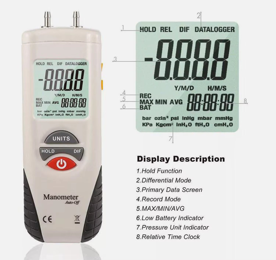 HTI HT-1890 Digitales Hand-Manometer mit Dual-Port und Data-Hold Funktion in Weiß - Bild 2