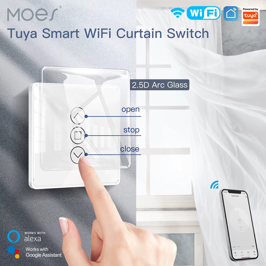 Moes Tuya Smart WiFi Vorhangschalter mit RF433 2.5D Bogenförmigem Glas-Touchpanel für Rollos und Jalousien, App-gesteuerter Drahtloser Fernbedienungsschalter, Alexa-kompatibel - Bild 2