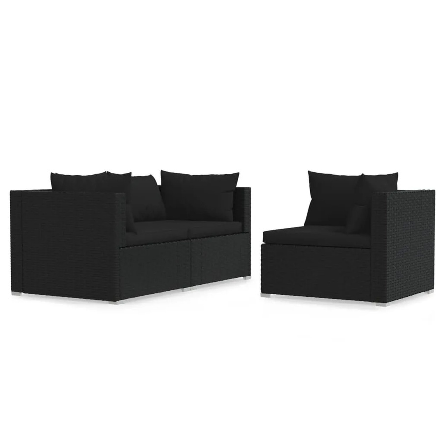 vidaXL 3-tlg Garten-Lounge-Set in L-Form aus schwarzem Poly-Rattan mit Kissen und pulverbeschichtetem Stahlgestell - Bild 2