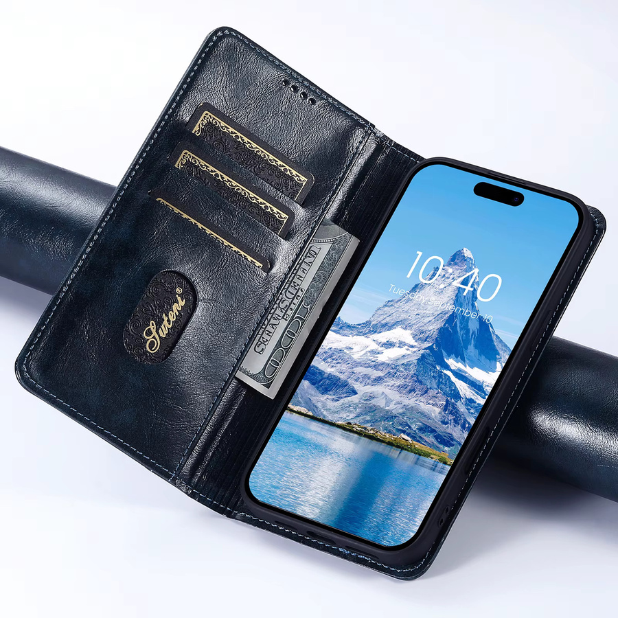 SUTENI Handyhülle aus Kunstleder mit Kartenhalter und Ständer als Magnet Flip Cover für iPhone 17 Pro Max 16 Plus 15 14 13 12 in Schwarz - Bild 2