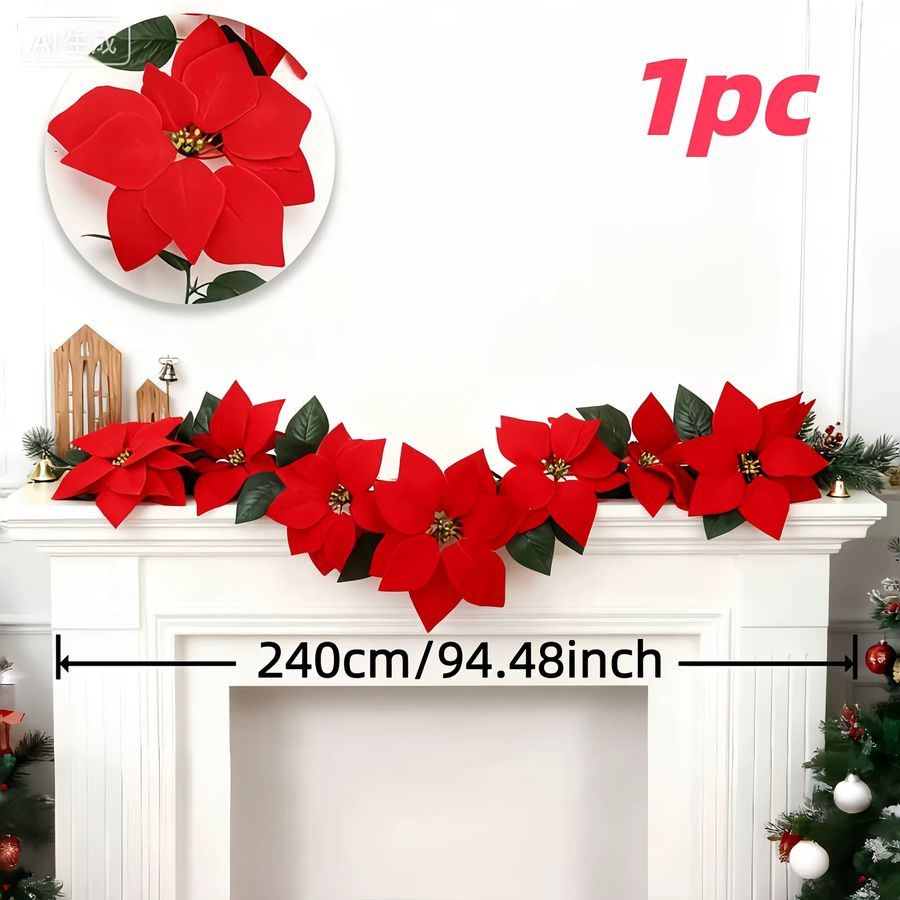 DUTRIEUX Künstliche Weihnachtsstern-Girlande in Rot, 239 cm lebensechte Kunstblumengirlande für Weihnachten, Valentinstag, Erntedankfest und Halloween - Bild 3