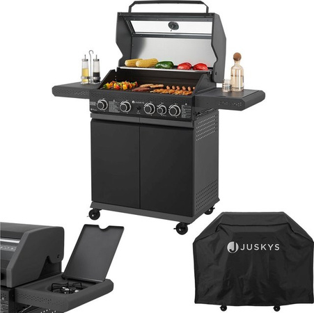 Juskys BBQ Gasgrill Savannah in Anthrazit mit 4 Brennern, 1 Seitenbrenner und Gusseisen Grillrost