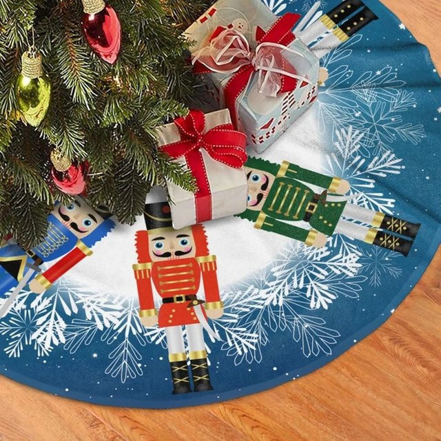 VIKAMA Runder Weihnachtsbaumrock mit Nussknacker in Blau mit floralem Design aus Textil - Bild 1