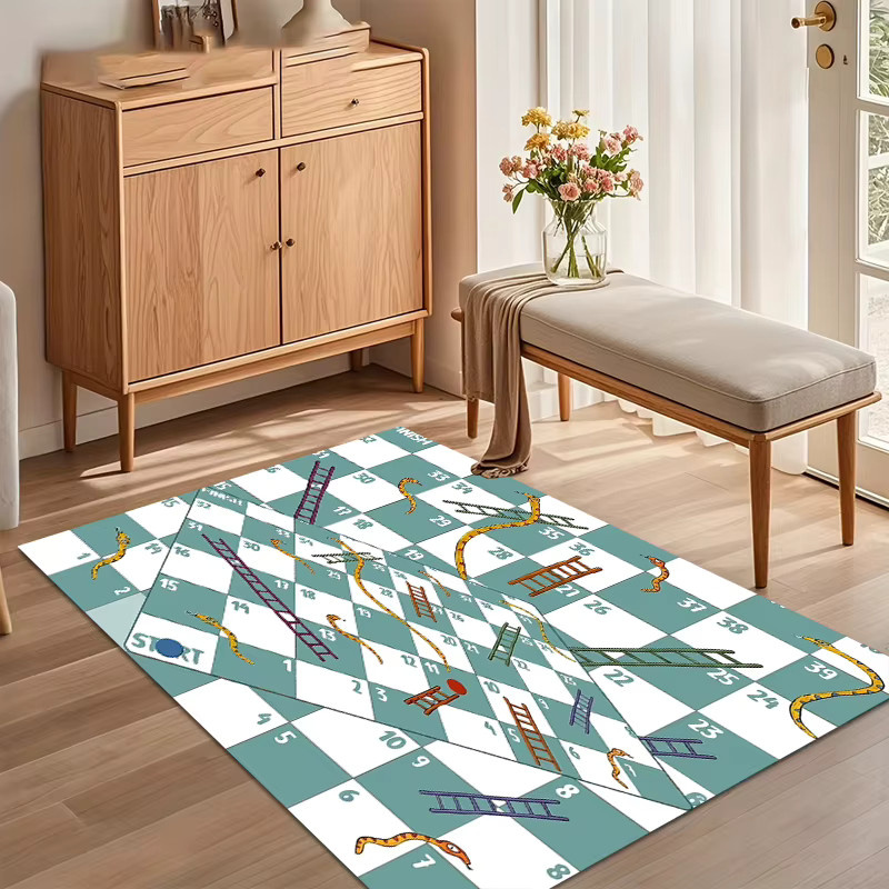 Rutschfester Schlangen-und-Leitern-Spiel Teppich in Blau-Weiß mit Streifenmuster für Wohnzimmer, Schlafzimmer und Kinderzimmer - Bild 2