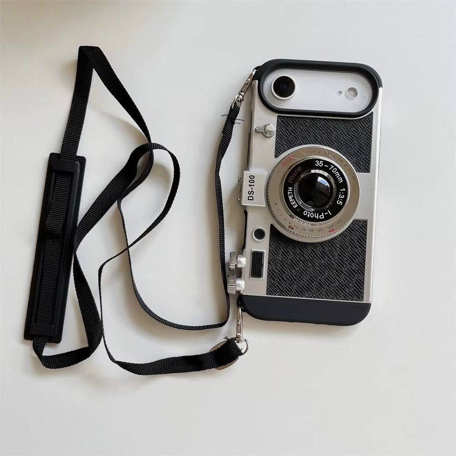 szHAIyu 3D Retro Kamera Handyhülle mit Crossbody Lanyard für iPhone, Farbe: Schwarz - Bild 2