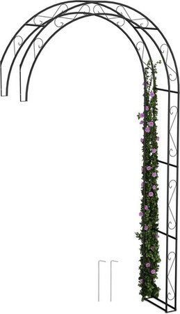 Relaxdays Rosenbogen aus Metall in Schwarz mit Erdankern, H: 245 cm, B: 130 cm, T: 36 cm