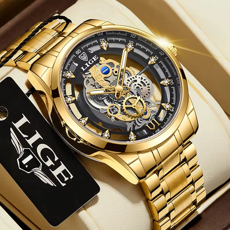 LIGE Armbanduhr Skeleton, Quarz, Gold, Edelstahl, Herren - Bild 5