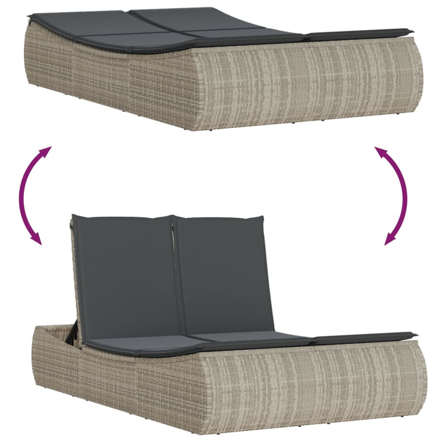 vidaXL Doppel-Sonnenliege aus Polyrattan mit Kissen, Hellgrau, B/T/H: 200 x 110 x 75 cm - Bild 4