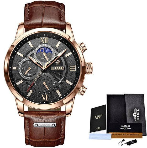 LIGE Chronograph, Quarz, Edelstahl, Leder, Mondphase, Gold/Schwarz, Herren - Bild 1