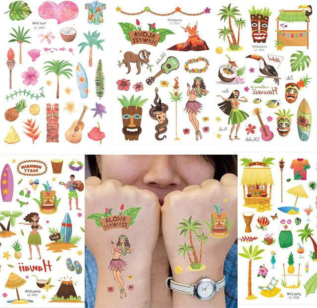 WEIGAO Hawaiian Beach Party Aloha Temporäre Tattoo Aufkleber Wasserdicht mit Flamingo und floralem Design in Multicolor - Bild 1