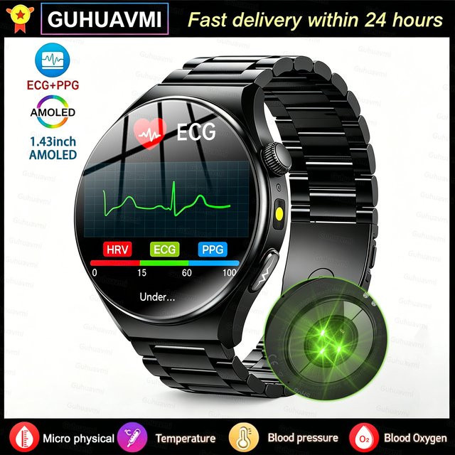 GUHUAVMI Smartwatch 2026 mit KI-Diagnostik, EKG und PPG zur Messung von Blutdruck, Harnsäure und Körperfett, Schwarz, kompatibel mit Android und iOS - Bild 1