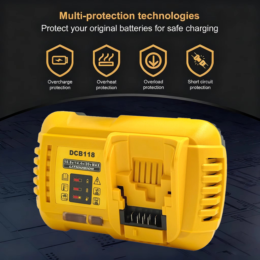 YHKEMA Schnellladegerät DCB118 mit 4,5 A für DeWalt Lithium Akkus 10,8 V, 12 V, 14,4 V, 20 V Max und 60 V, Farbe Gelb - Bild 5