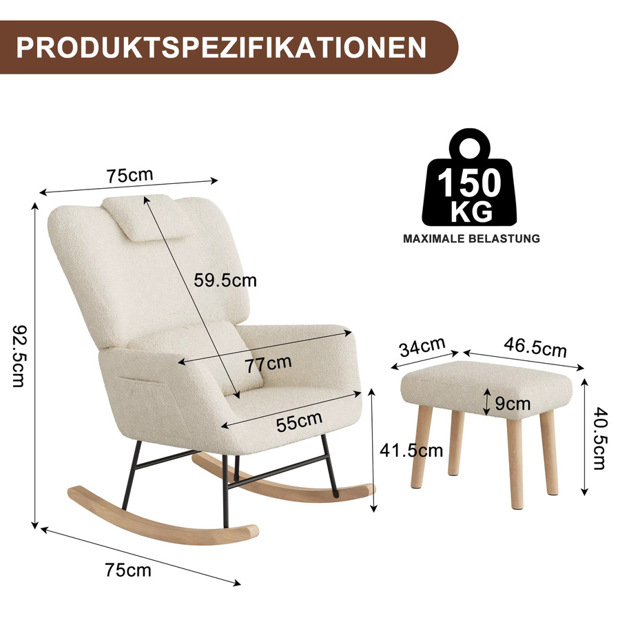 Schaukelstuhl mit Fußhocker und Polsterkissen aus weichem Teddy-Stoff in Rosa, Relaxsessel mit Kopfstütze, Lendenkissen und Seitentasche mit Massivholz- und Metallgestell für Kinderzimmer und Wohnzimmer - Bild 3