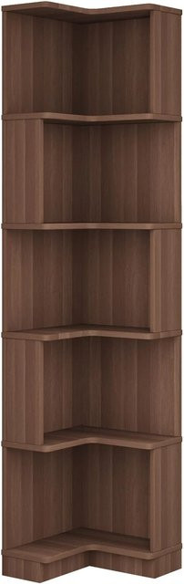 PXloue Eckbücherregal in Braun mit LED-Beleuchtung, modernes L-Form Regal aus MDF mit fünf Ablagen, B/T/H: 63,5 x 45 x 175 cm - Bild 1