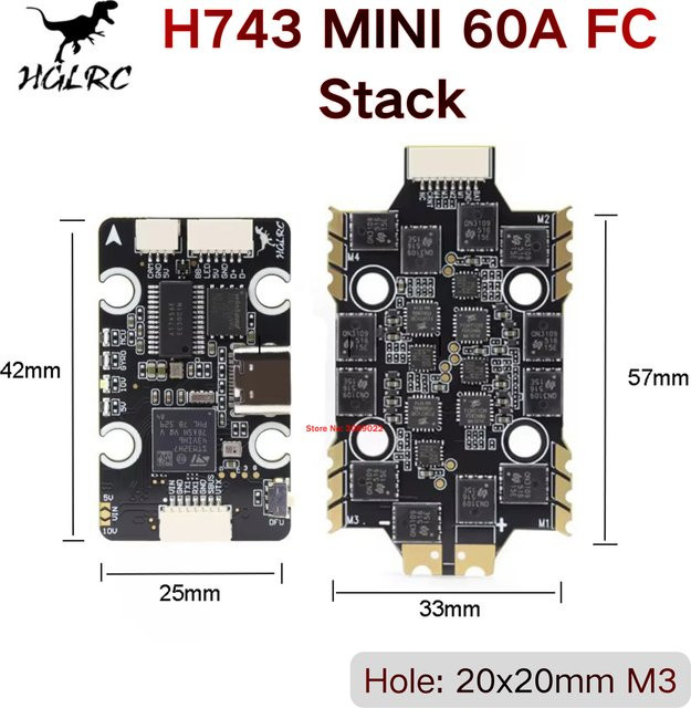 HGLRC H743 Mini Flugcontroller und 60A 4in1 BLHeli_S M-H-30 ESC Stack für RC FPV Drohnen in Schwarz, 20x20mm - Bild 1