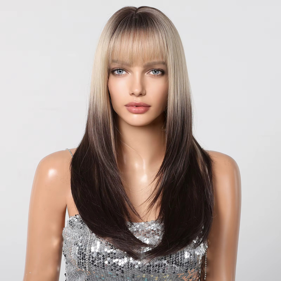 EASIHAIR Perücke, synthetisch, lang, gerade, Platin Dunkelbraun Highlight, mit Pony, Damen - Bild 2
