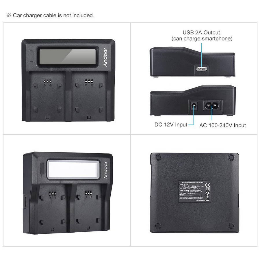 Andoer Zweikanal-LCD-Kamera-Akkuladegerät für Sony A7III A9 A7RIII A7SIII mit USB-Anschluss, Schwarz - Bild 3