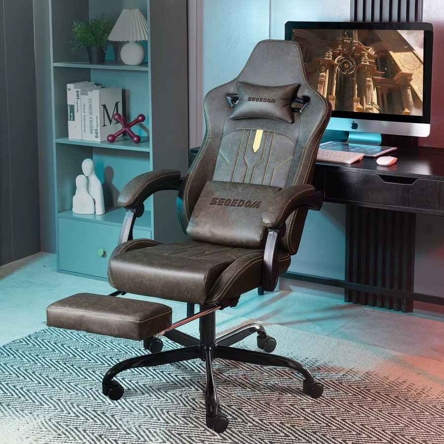SUKIDA Ergonomischer Gaming-Stuhl mit Fußstütze und Lendenwirbelstütze, höhenverstellbarer Computer-Bürostuhl aus Kunstleder mit Armlehnen, Farben: Schwarz oder Braun - Bild 5