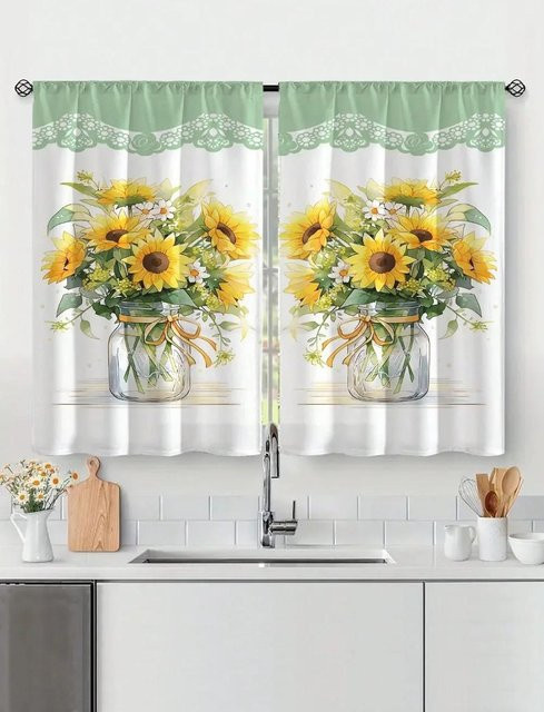 Yiran Furniture Fenster Vorhänge mit Sonnenblumen- und Karomuster, 2er-Set, halbtransparent, Multicolour, B: 50 cm, H: 130 cm - Bild 1