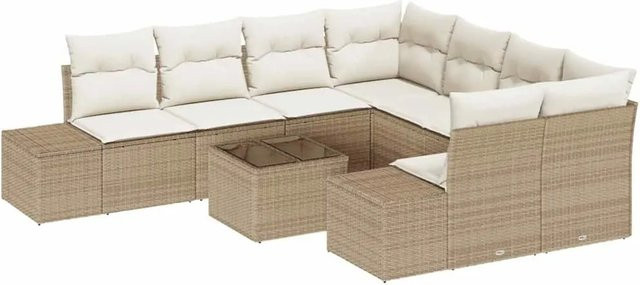 vidaXL Garten-Sofa-Set 9-teilig aus Poly Rattan in Beige mit Polsterkissen und Tisch - Bild 1
