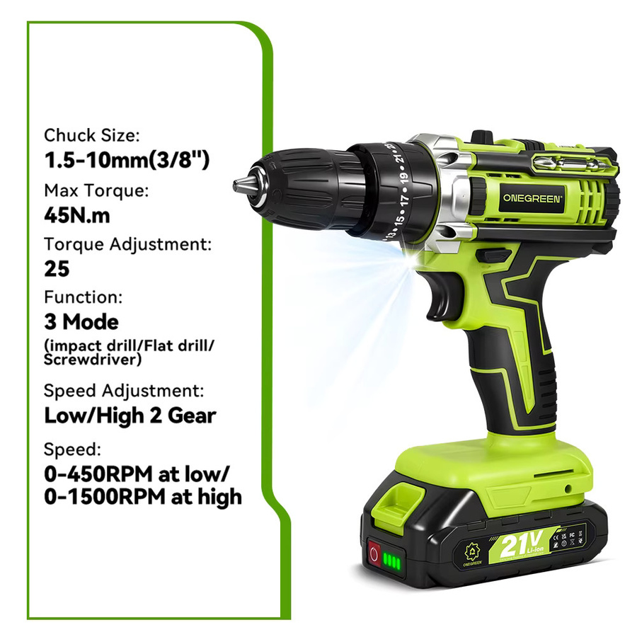 ONEGREEN Kabellose Elektro-Schlagbohrmaschine in Grün mit 25+3 Drehmoment-Stufen und 3 Modi, kompatibel mit Makita 18V Akku LXT - Bild 3